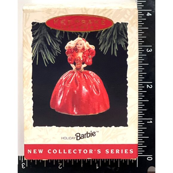 1993 HALLMARK KEEPSAKE HOLIDAY BARBIE ORNAMENT QX572-5 mattel RED DRESS BLONDE - Picture 1 of 9